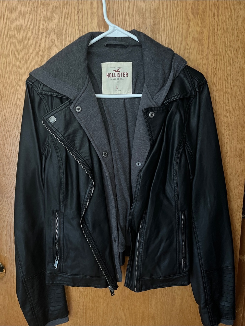 Hollister Black Faux Leather Bomber Jacket with Gray Hood
